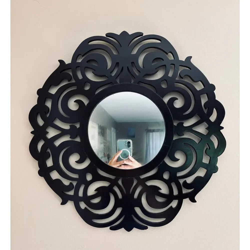 Decorative Black Wood Scroll Wall Mirror 20” diameter